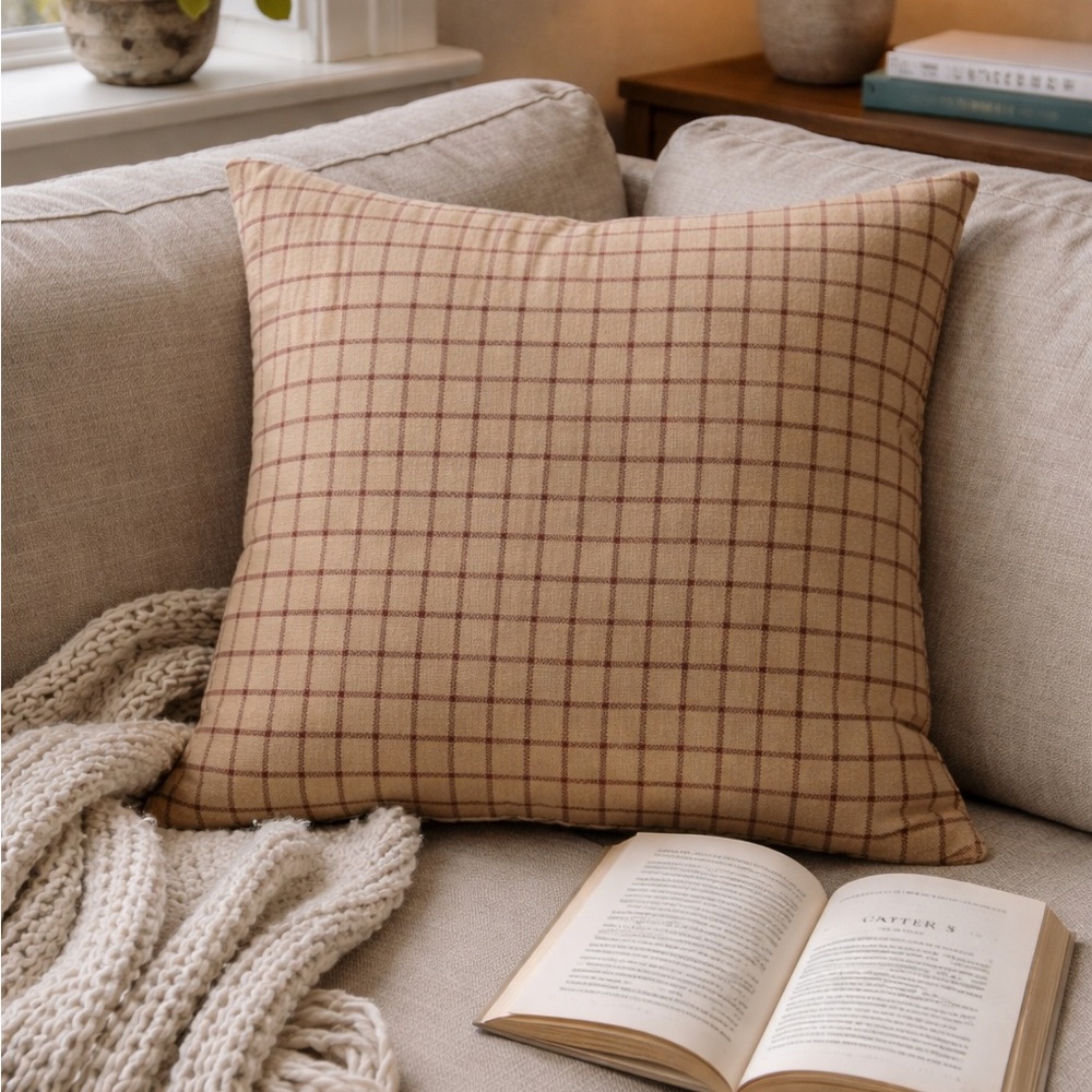 Linen Cotton Pillow Cover 21” Square Plaid Neutral Cottage Farmhouse